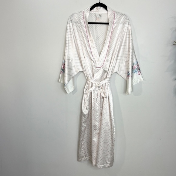 Vintage Linda Bis white satin pink polka dot kimono robe jacket OS - Picture 4 of 15